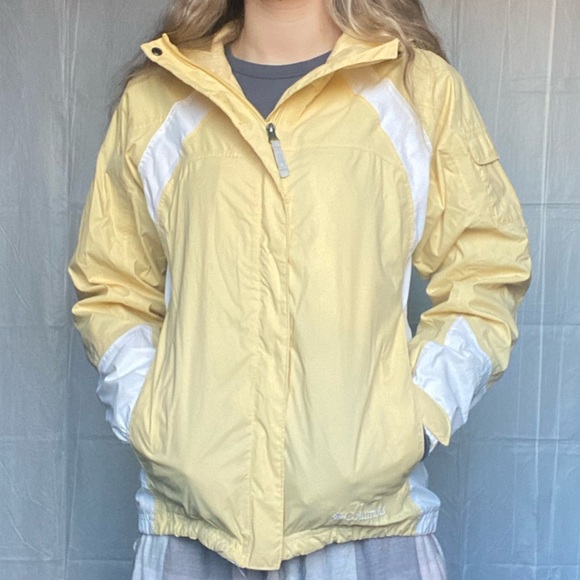 Columbia Omni-Tech Small Waterproof Hooded Yellow & White Zip Up Jacket Coat - Picture 13 of 16